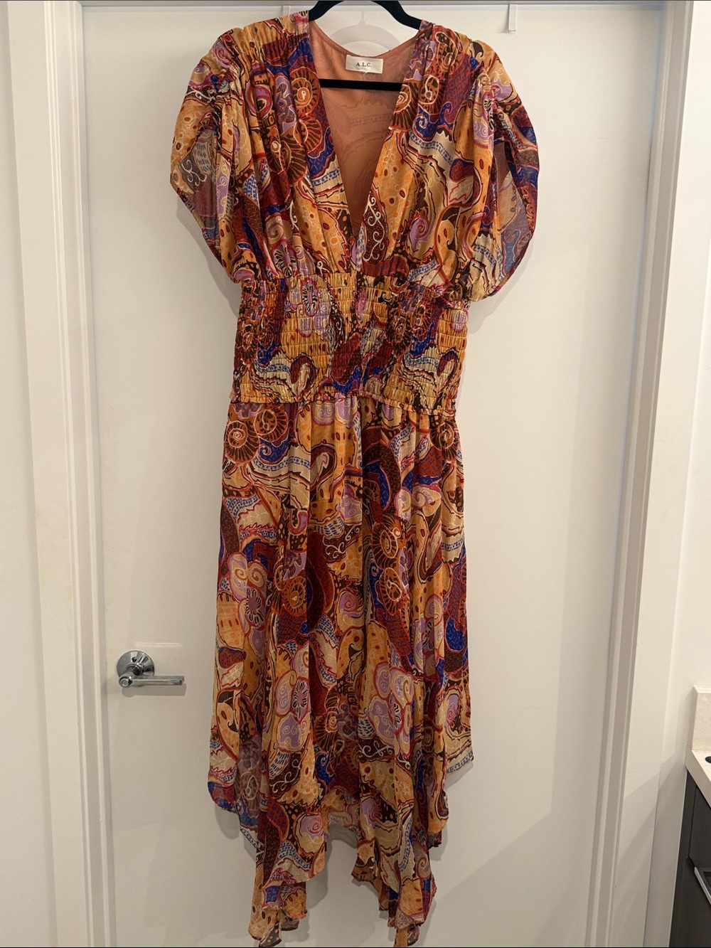 A.L.C. Multi Color Paisley High-Low Silk Midi Dress